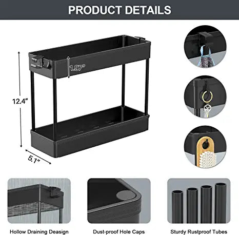 SPACEKEEPER Under Sink Organizers Storage, Bathroom Under Sink Shelf Basket, 2 Tier Bath Organizers and Storage Rack with Hooks, Under Kitchen Sink Shelf Multi-purpose,Black