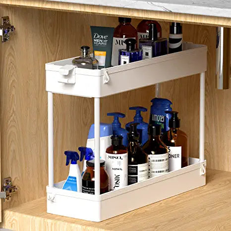 Cicilyna Under Sink Storage Kitchen Organizer, Stainless Under Sink Organizer Shelf with Hooks, 2 Tier Multi-Purpose Storage Organizer Rack for