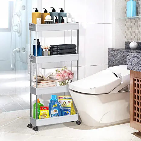 SPACEKEEPER 4 Tier Slim Rolling Storage Cart Mobile Shelving Unit Organizer Rolling Utility Cart for Bathroom Laundry, Grey