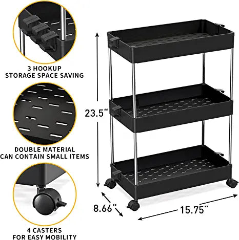SPACEKEEPER Slim Storage Cart, 3 Tier Organizers Rolling Utility Cart,Mobile Shelving Unit Organizer for Kitchen, Bedroom, Bathroom, Laundry,Black