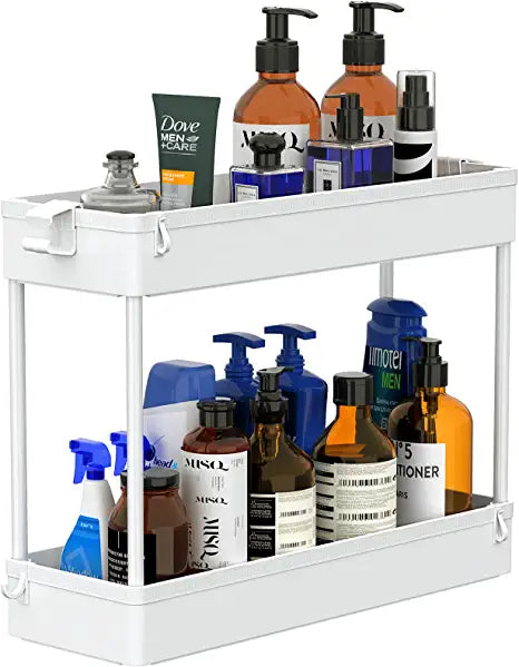 SPACEKEEPER Under Sink Organizers Storage, Bathroom Under Sink Shelf Basket, 2 Tier Bath Organizers and Storage Rack with Hooks, Under Kitchen Sink Shelf Multi-purpose ,White