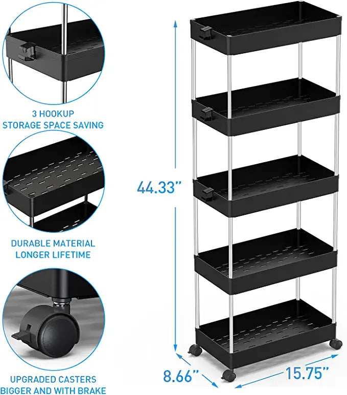 SPACEKEEPER 5 Tier Slim Rolling Storage Cart Mobile Shelving Unit Organizer Rolling Utility Cart for Bathroom Laundry Living Room & Dressers , Black