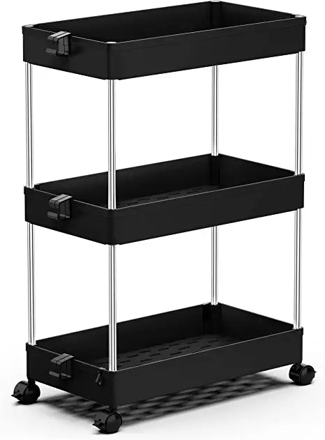 SPACEKEEPER Slim Storage Cart, 3 Tier Organizers Rolling Utility Cart,Mobile Shelving Unit Organizer for Kitchen, Bedroom, Bathroom, Laundry,Black