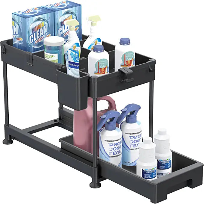 SPACEKEEPER Under Sink Organizer, Sliding Cabinet Basket Organizer 2 Tier Under Bathroom Storage Rack with Hooks, Hanging Cup, Dividers, Multi-purpose Storage Shelf for Bathroom Kitchen, Black