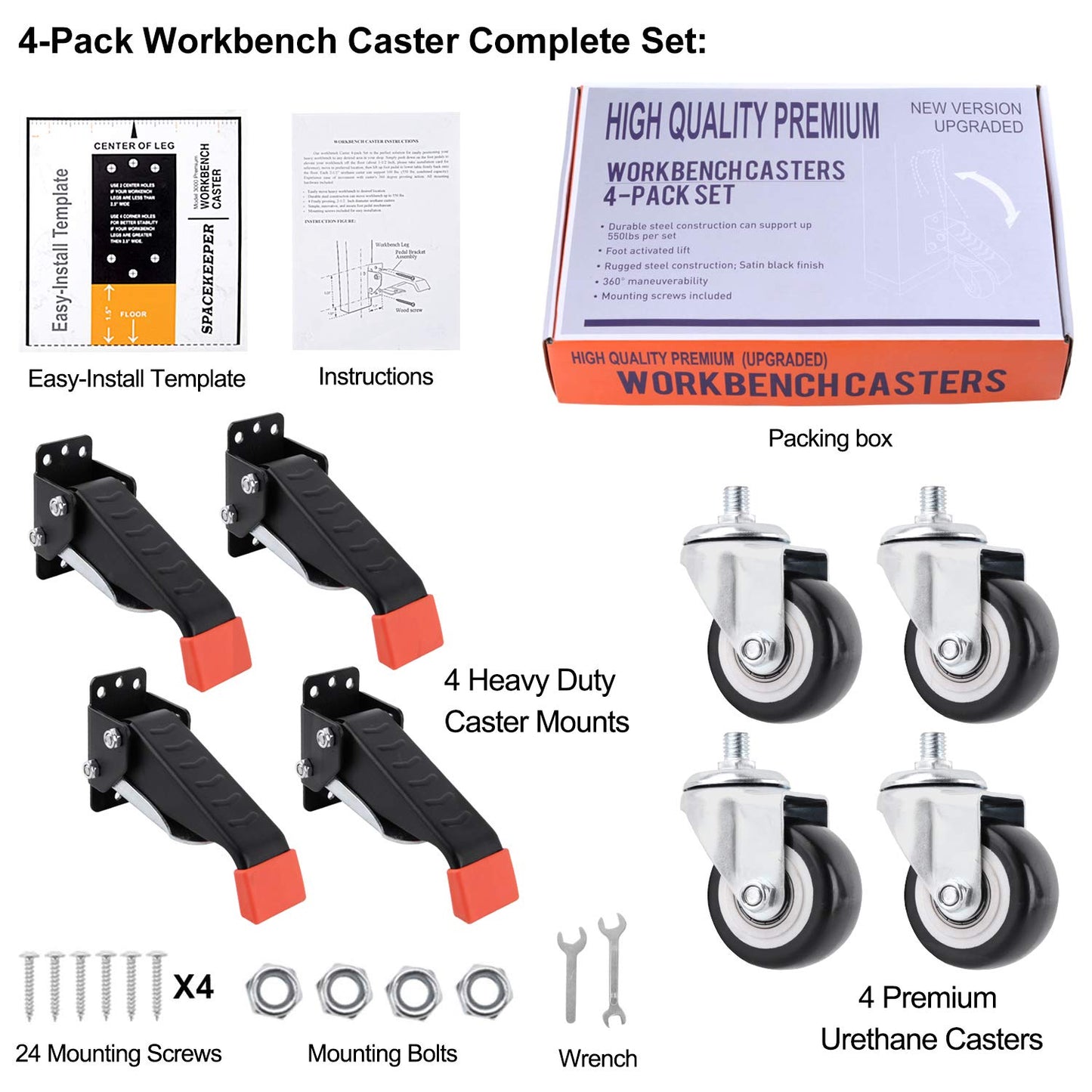 SPACEKEEPER Retractable Workbench Casters kit 660 Lbs - 4 Heavy Duty Retractable Casters Designed for Workbenches Machinery & Tables