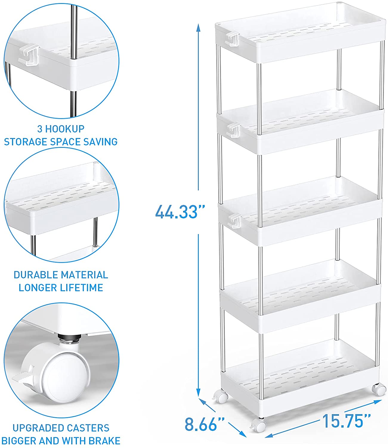 SPACEKEEPER 5 Tier Slim Rolling Storage Cart Mobile Shelving Unit Organizer Rolling Utility Cart for Bathroom Laundry Living Room & Dressers , White