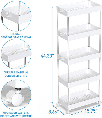 SPACEKEEPER 5 Tier Slim Rolling Storage Cart Mobile Shelving Unit Organizer Rolling Utility Cart for Bathroom Laundry Living Room & Dressers , White