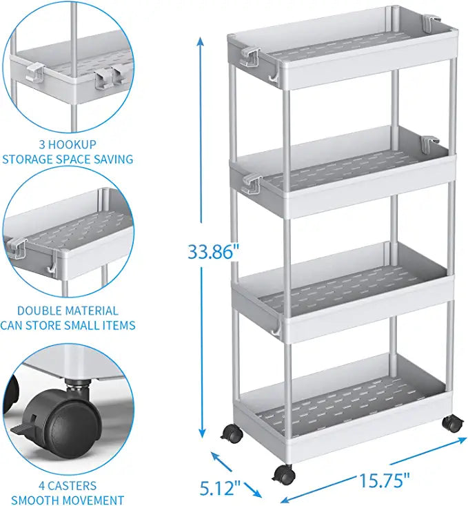 SPACEKEEPER Storage Cart 4 Tier Mobile Shelving Unit Organizer Rolling Utility Cart for Kitchen Bathroom Laundry,Grey