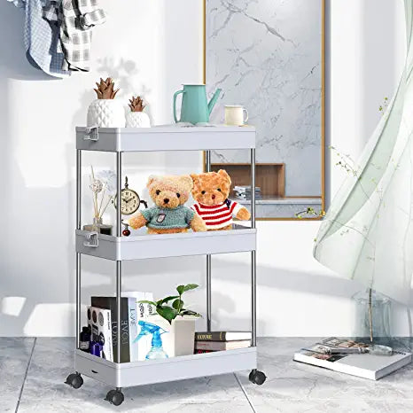 SPACEKEEPER Slim Storage Cart, 3 Tier Organizers Rolling Utility Cart,Mobile Shelving Unit Organizer for Kitchen, Bedroom, Bathroom, Laundry,Grey