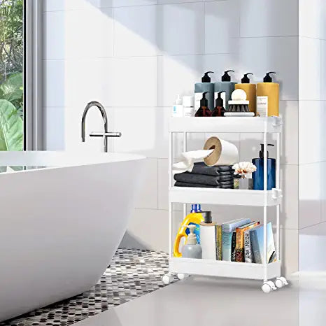 SPACEKEEPER 3 Tier Slim Rolling Storage Cart Mobile Shelving Unit Organizer Rolling Utility Cart for Bathroom Laundry , White
