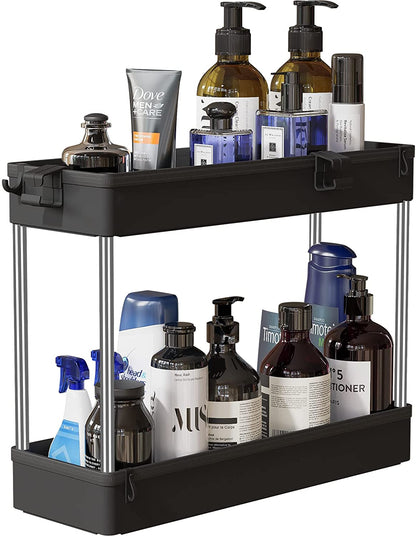 SPACEKEEPER Under Sink Organizers Storage, Bathroom Under Sink Shelf Basket, 2 Tier Bath Organizers and Storage Rack with Hooks, Under Kitchen Sink Shelf Multi-purpose,Black