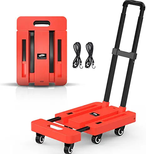SPACEKEEPER Folding Hand Truck, 500 LB Heavy Duty Luggage Cart, Utility Dolly Platform Cart with 6 Wheels & 2 Elastic Ropes for Luggage, Travel, Moving, Shopping, Office Use,Orange