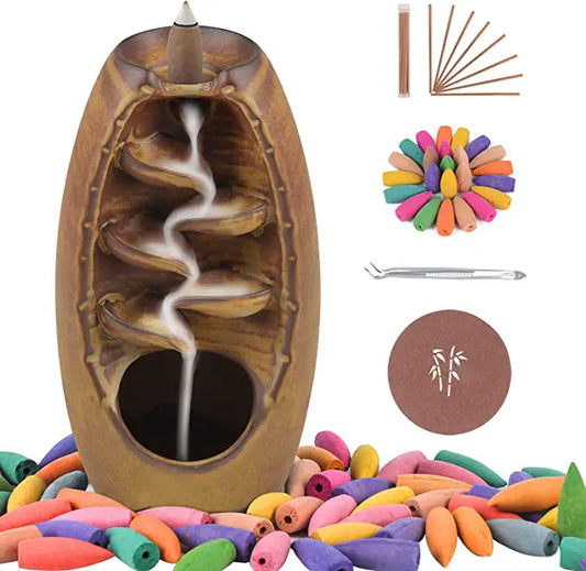 SPACEKEEPER Ceramic Backflow Incense Burner for Meditation Waterfall Incense Holder  for Yoga Aromatcherapy Ornament with 120 Backflow Incense Cones + 30 Incense Stick, Brown