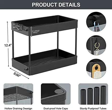 SPACEKEEPER Under Sink Organizer, 2 Tier Under Sink Storage Organizer, Bathroom Standing Rack, Bath Collection Slide-out Baskets with Hooks, Multi-purpose Storage Shelf for Bathroom Kitchen,Black