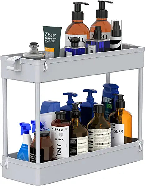 SPACEKEEPER Under Sink Organizers Storage, Bathroom Under Sink Shelf Basket, 2 Tier Bath Organizers and Storage Rack with Hooks, Under Kitchen Sink Shelf Multi-purpose,Gray