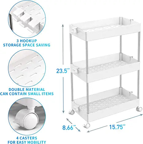 SPACEKEEPER Slim Storage Cart, 3 Tier Organizers Rolling Utility Cart,Mobile Shelving Unit Organizer for Kitchen, Bedroom, Bathroom, Laundry,White