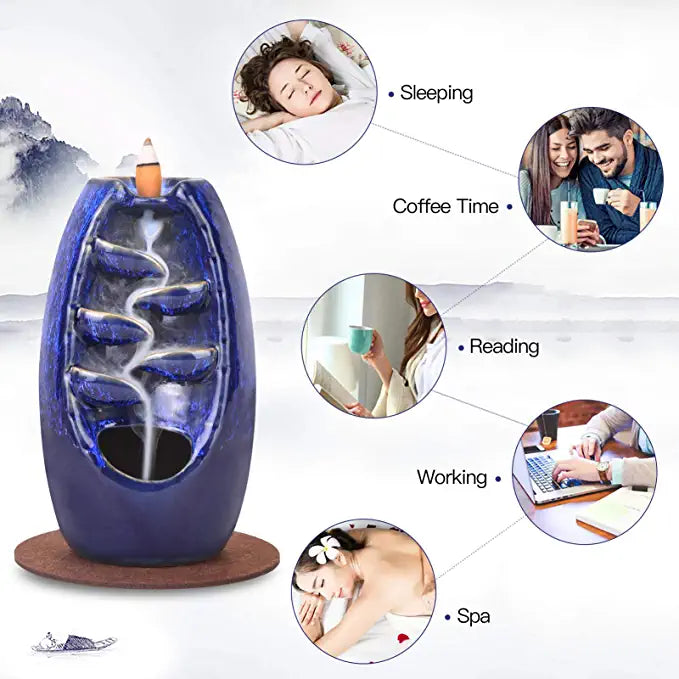 SPACEKEEPER Ceramic Backflow Incense Burner for Meditation Waterfall Incense Holder  for Yoga Aromatcherapy Ornament with 120 Backflow Incense Cones + 30 Incense Stick, Navy