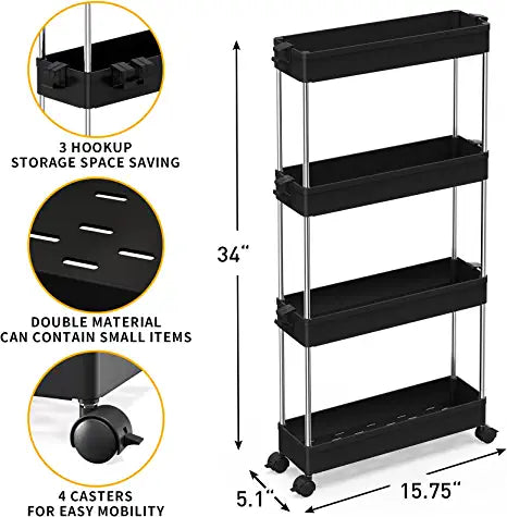 SPACEKEEPER 4 Tier Slim Rolling Storage Cart Mobile Shelving Unit Organizer Rolling Utility Cart for Bathroom Laundry，Black