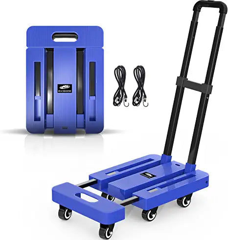 SPACEKEEPER Folding Hand Truck, 500 LB Heavy Duty Luggage Cart, Utility Dolly Platform Cart with 6 Wheels & 2 Elastic Ropes for Luggage, Travel, Moving, Shopping, Office Use,Blue