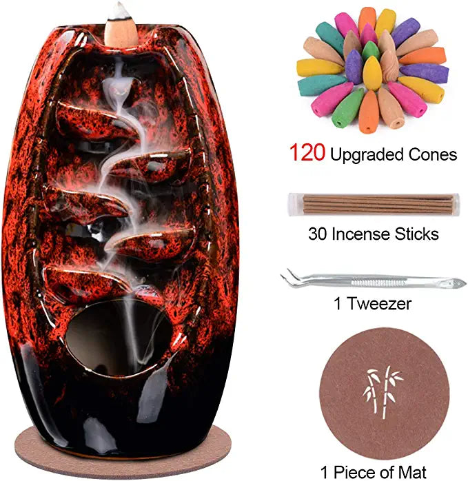 SPACEKEEPER Ceramic Backflow Incense Burner for Meditation Waterfall Incense Holder  for Yoga Aromatcherapy Ornament with 120 Backflow Incense Cones + 30 Incense Stick, Red