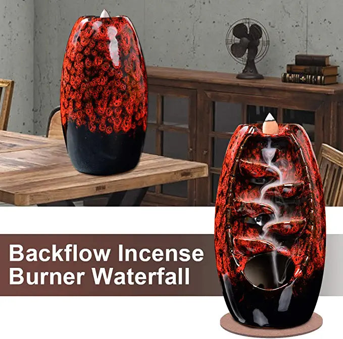 SPACEKEEPER Ceramic Backflow Incense Burner for Meditation Waterfall Incense Holder  for Yoga Aromatcherapy Ornament with 120 Backflow Incense Cones + 30 Incense Stick, Red