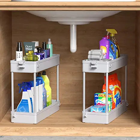 SPACEKEEPER Under Sink Organizers Storage, Bathroom Under Sink Shelf Basket, 2 Tier Bath Organizers and Storage Rack with Hooks, Under Kitchen Sink Shelf Multi-purpose,Gray