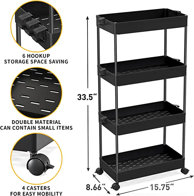 SPACEKEEPER Storage Cart 4 Tier Mobile Shelving Unit Organizer Rolling Utility Cart for Kitchen Bathroom Laundry,Black