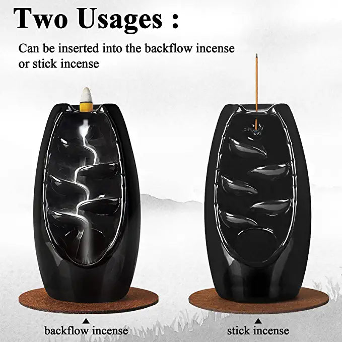 SPACEKEEPER Ceramic Backflow Incense Burner for Meditation Waterfall Incense Holder  for Yoga Aromatcherapy Ornament with 120 Backflow Incense Cones + 30 Incense Stick, Jet Black