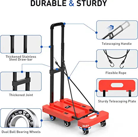 SPACEKEEPER Folding Hand Truck, 500 LB Heavy Duty Luggage Cart, Utility Dolly Platform Cart with 6 Wheels & 2 Elastic Ropes for Luggage, Travel, Moving, Shopping, Office Use,Orange
