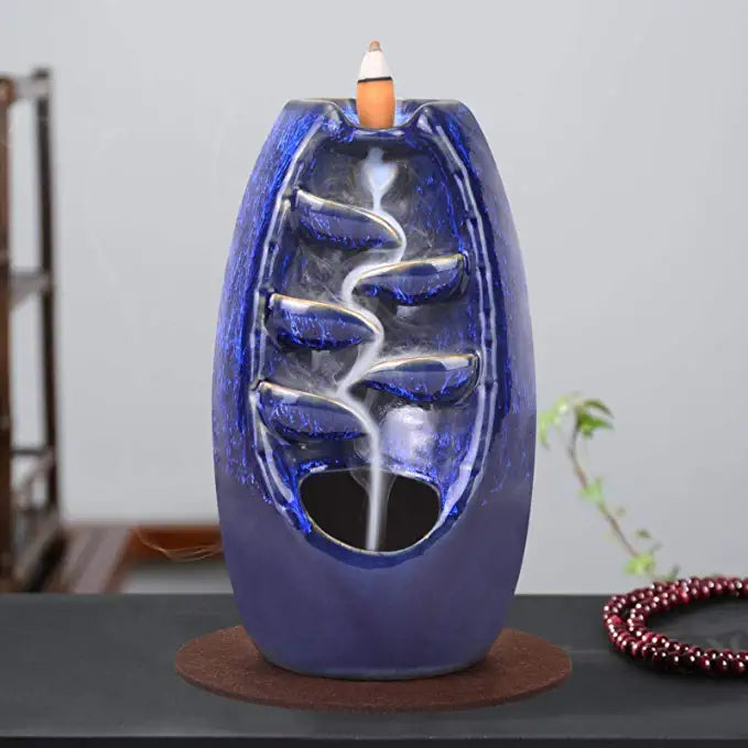 SPACEKEEPER Ceramic Backflow Incense Burner for Meditation Waterfall Incense Holder  for Yoga Aromatcherapy Ornament with 120 Backflow Incense Cones + 30 Incense Stick, Navy