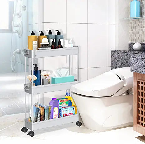 SPACEKEEPER 3 Tier Slim Rolling Storage Cart Mobile Shelving Unit Organizer Rolling Utility Cart for Bathroom Laundry , Gery