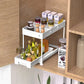 SPACEKEEPER Under Sink Organizer, Sliding Cabinet Basket Organizer 2 Tier Under Bathroom Storage Rack with Hooks, Hanging Cup, Dividers, Multi-purpose Storage Shelf for Bathroom Kitchen, White