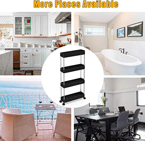 SPACEKEEPER 4 Tier Slim Rolling Storage Cart Mobile Shelving Unit Organizer Rolling Utility Cart for Bathroom Laundry，Black